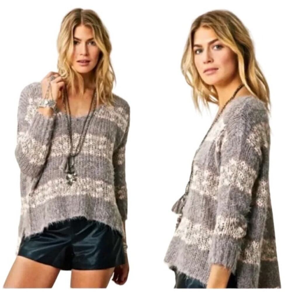 Free People Cozy High Low Oversized Wool-Blend  Striped Sweater NEW Size Small
